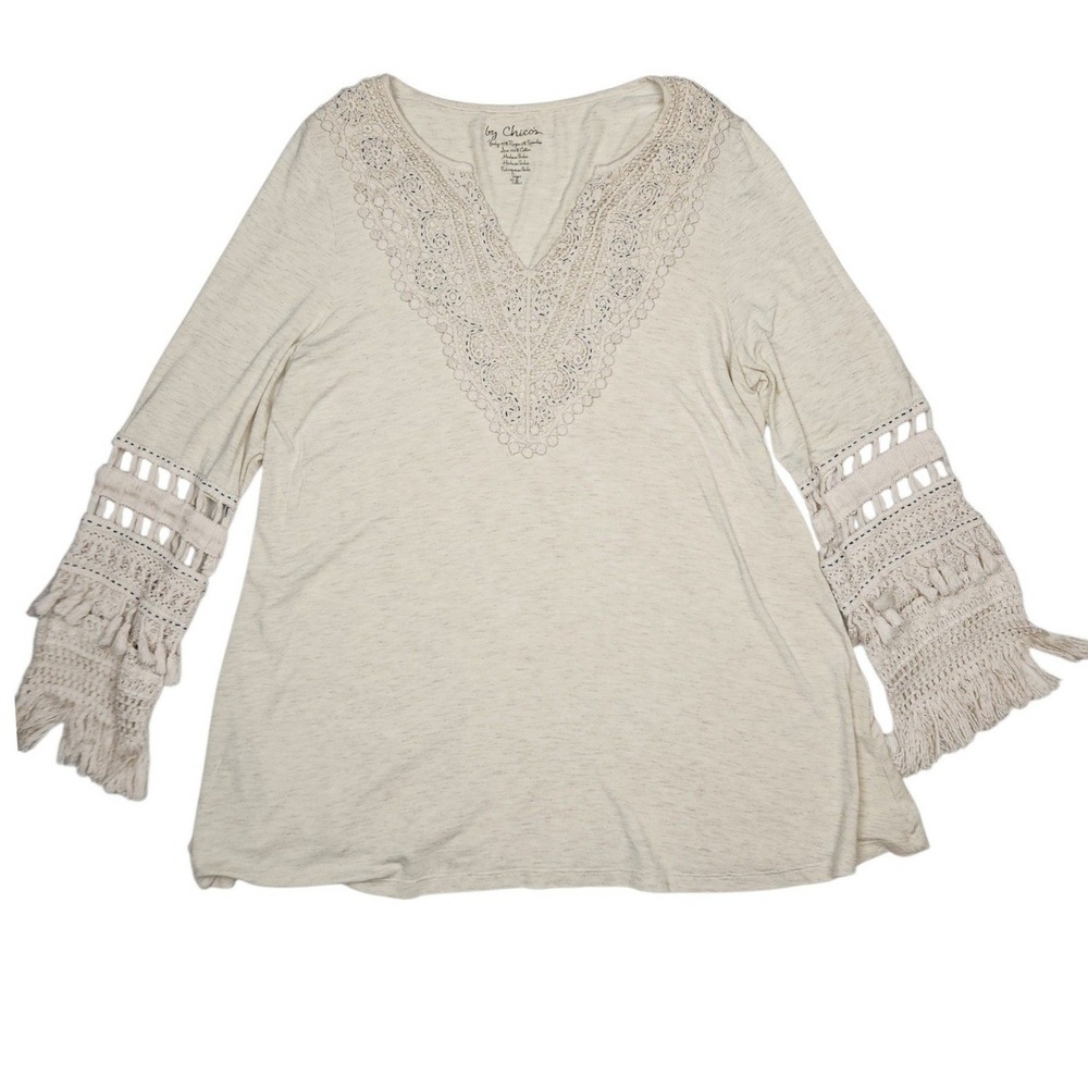 Chicos Crochet Lace Fringe Blouse Shirt Sz M / 1 Cream Boho Tassel Festival